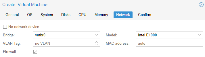 setting the network to use the e1000 model.