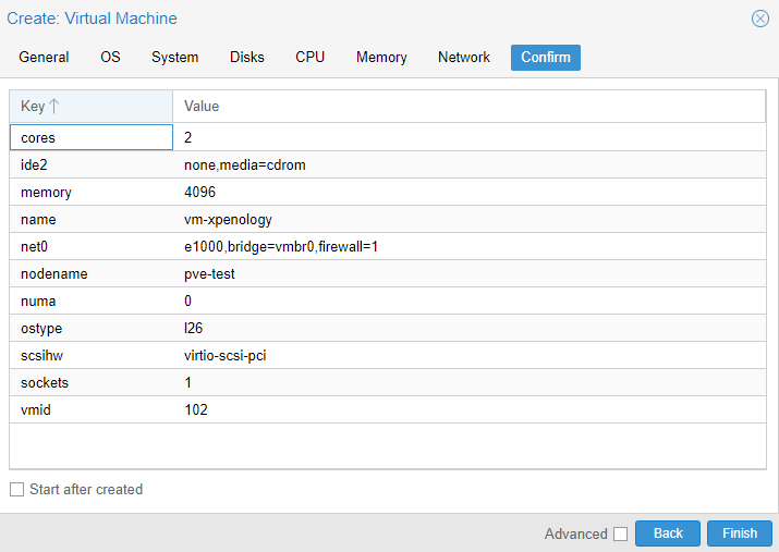 confirming the settings and finishing creating the VM.