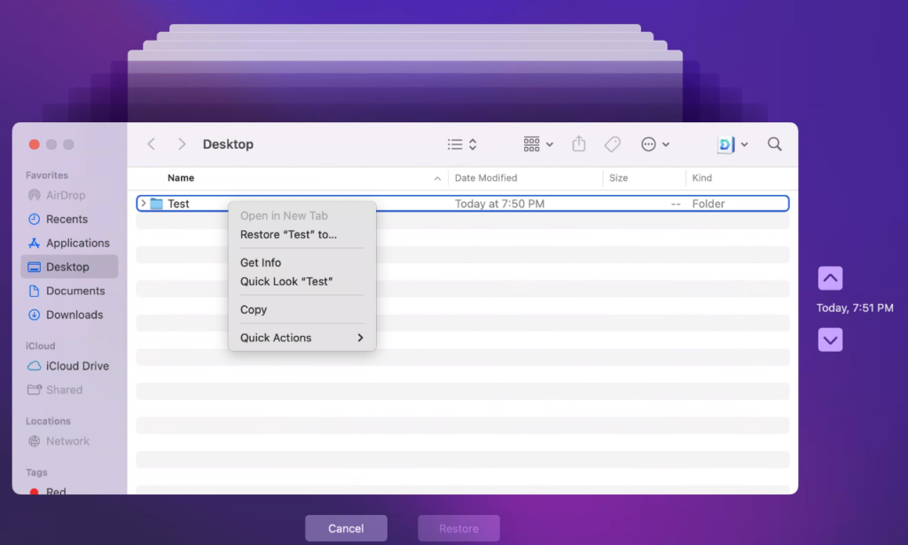 right-clicking a file and restoring it in time machine.