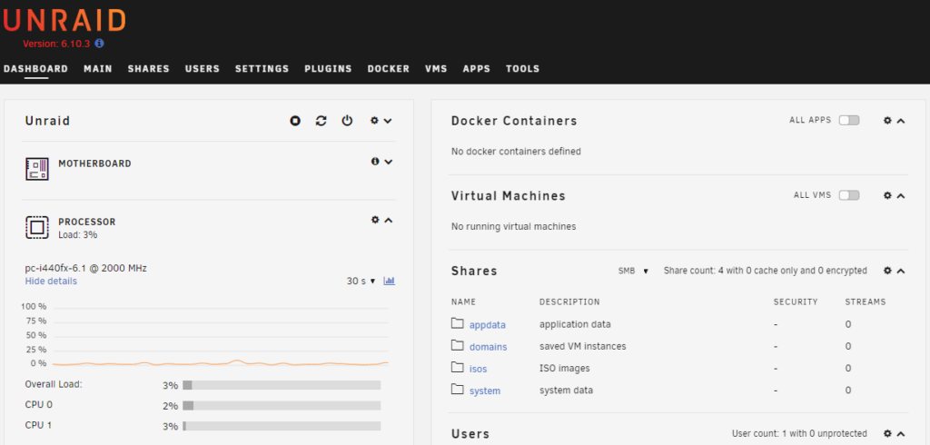 proxmox vs. unraid - unraid dashboard.