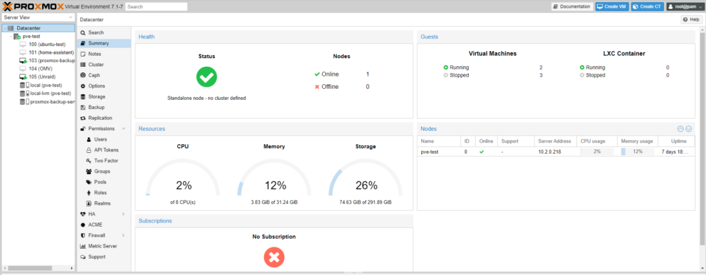 proxmox vs. unraid - proxmox dashboard.