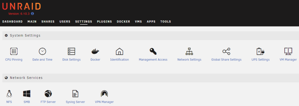 unraid settings menu.