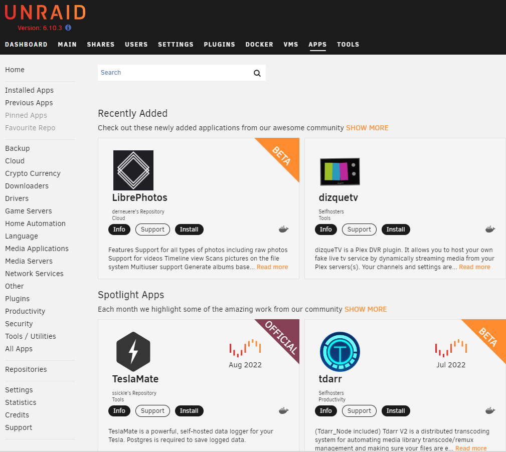 unraid services available (apps).