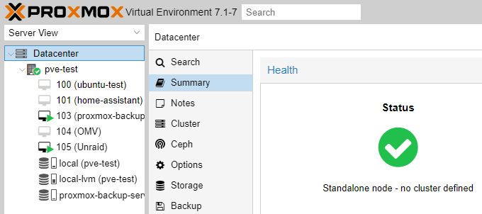 proxmox datacenter view.