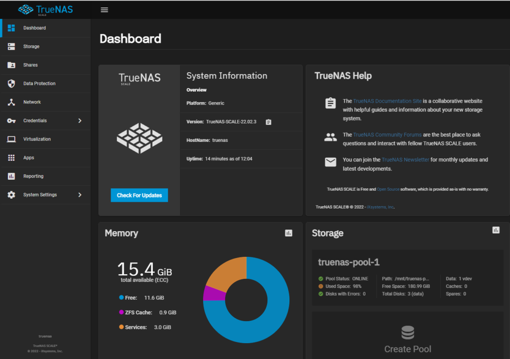 truenas scale dashboard.