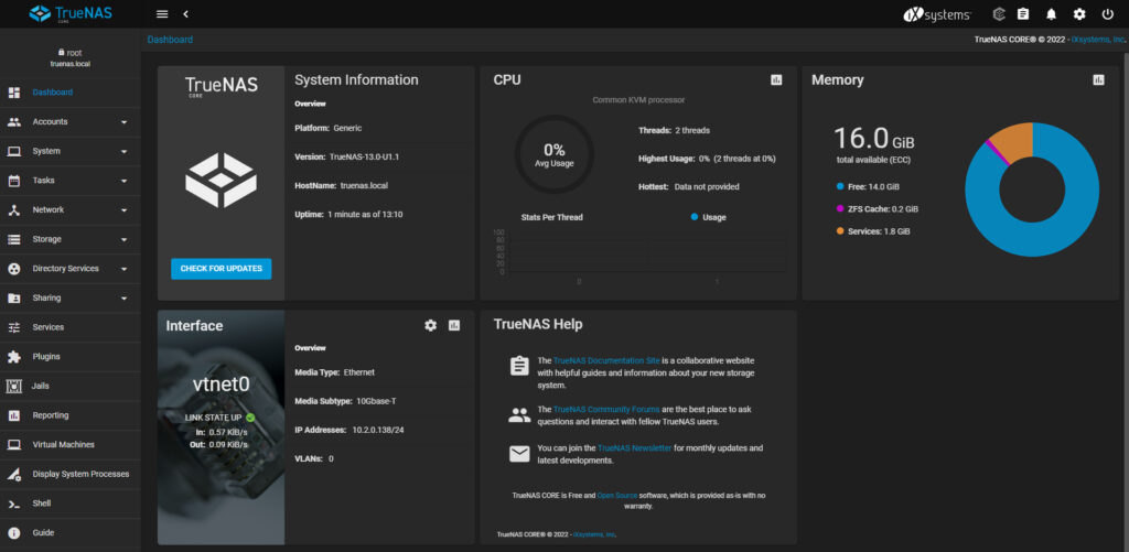 truenas core vs. truenas scale - truenas core dashboard.