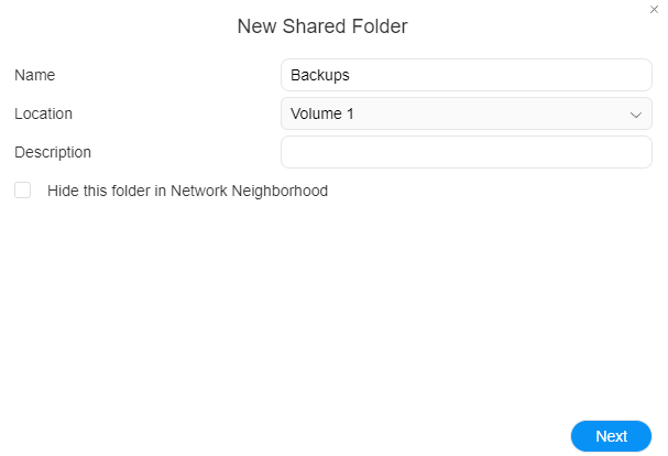 selecting the location to create a new shared folder.