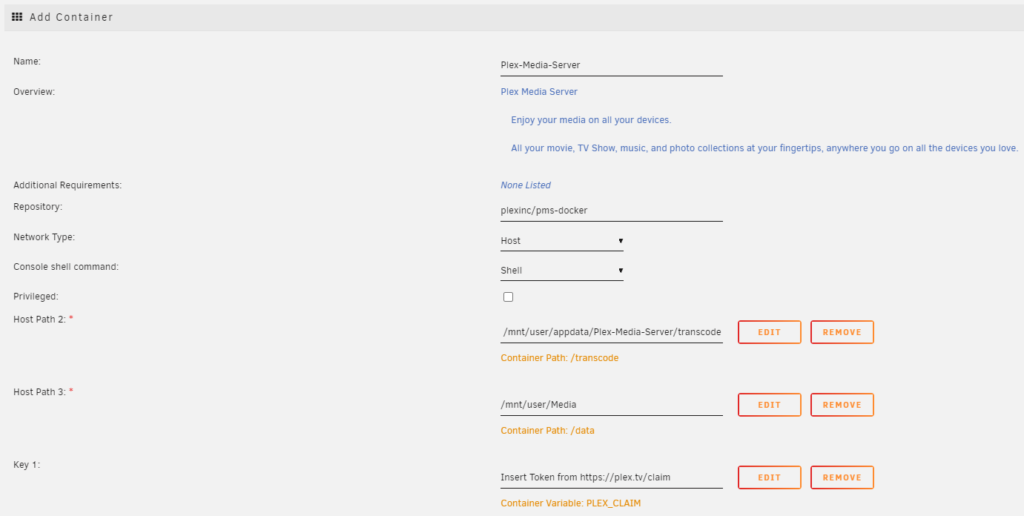 editing the docker container of plex media server.