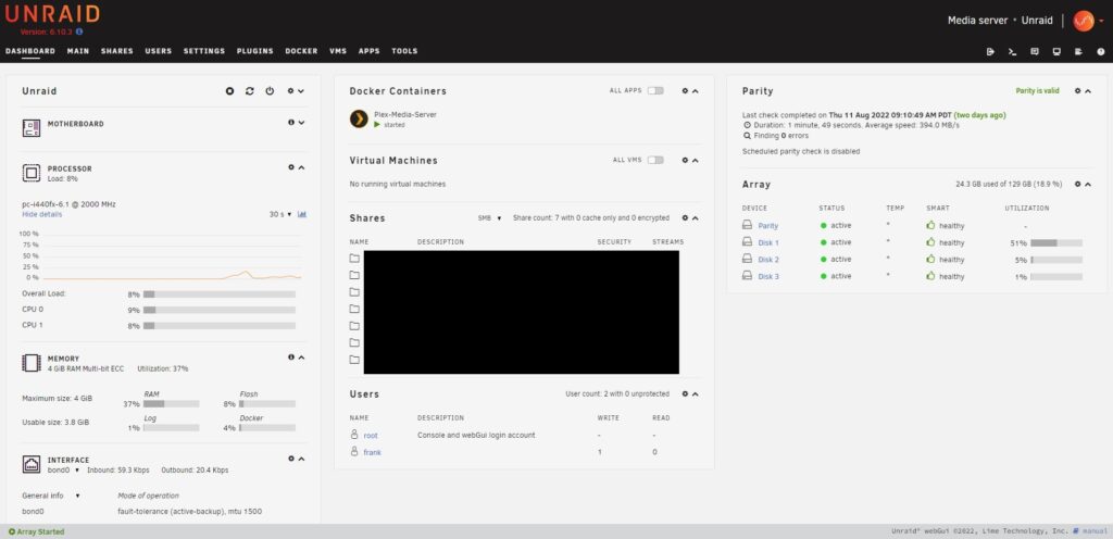 unraid vs. truenas - unraid dashboard.