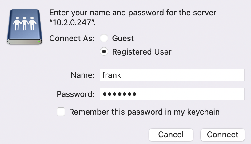 entering a username and password to connect to the share.