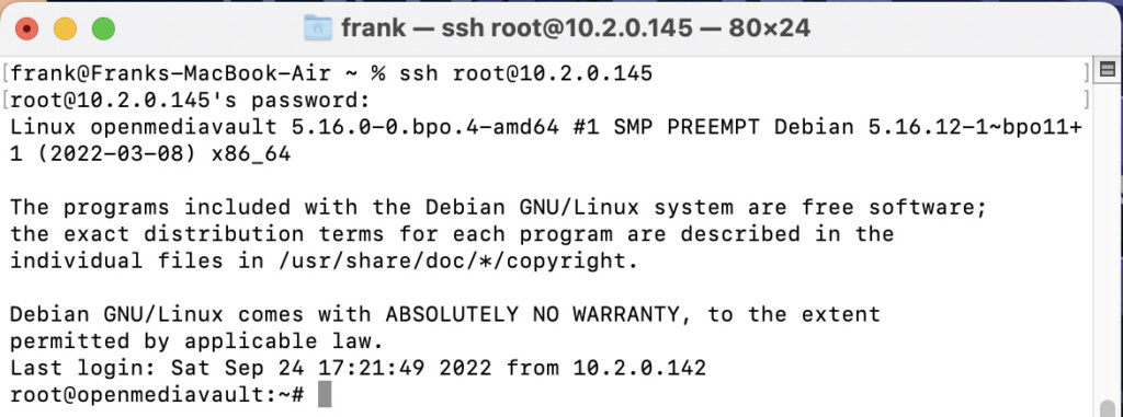 sshing into the openmediavault server.