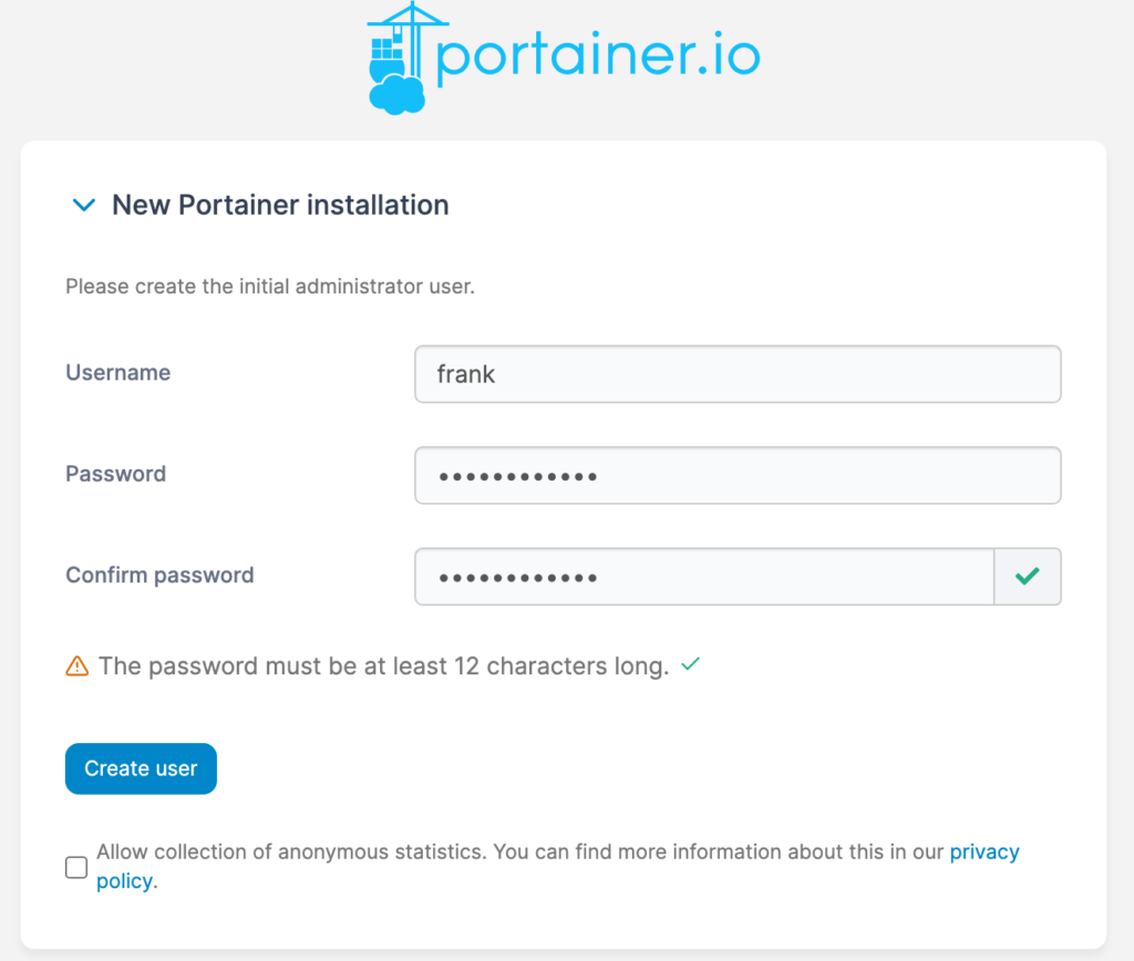 creating a portainer username and password.