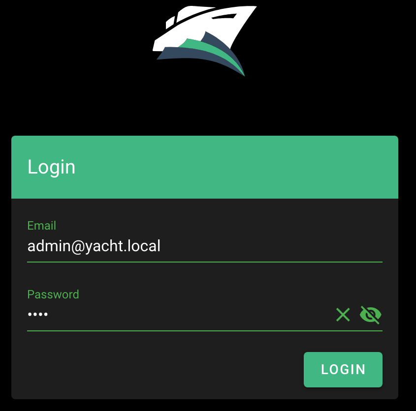 logging into yacht with the default credentials.