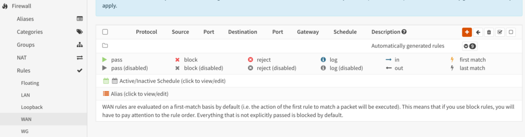 creating the WAN and WG firewall rules.