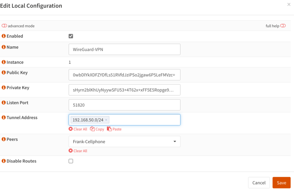 saving all the settings in wireguard.