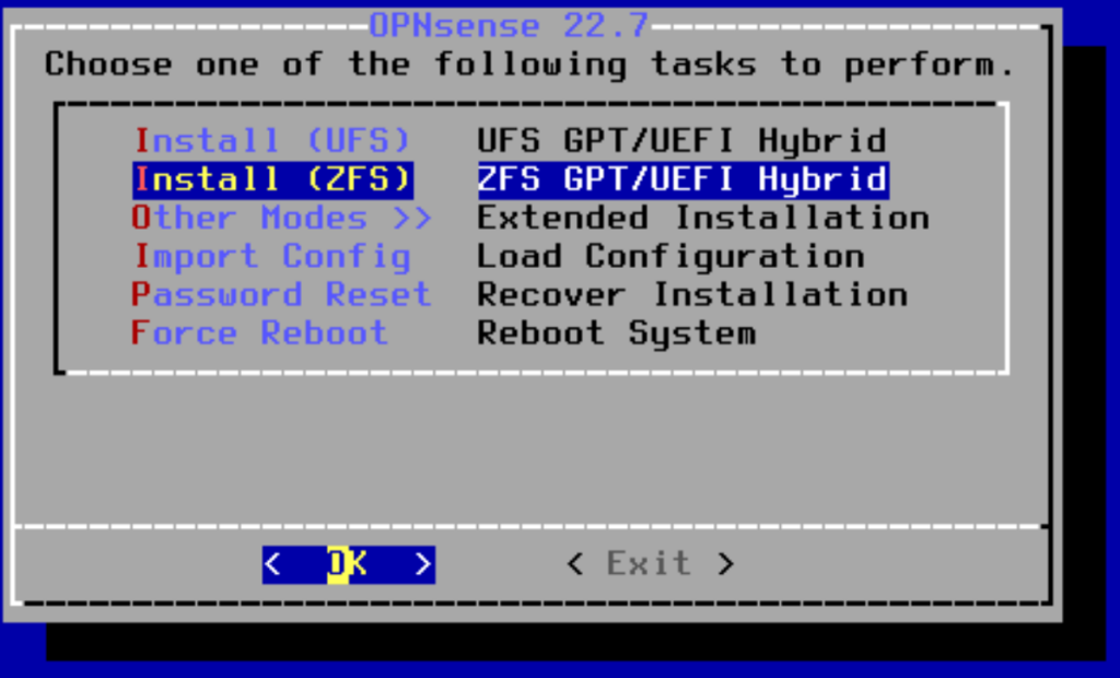 selecting the install option ZFS.