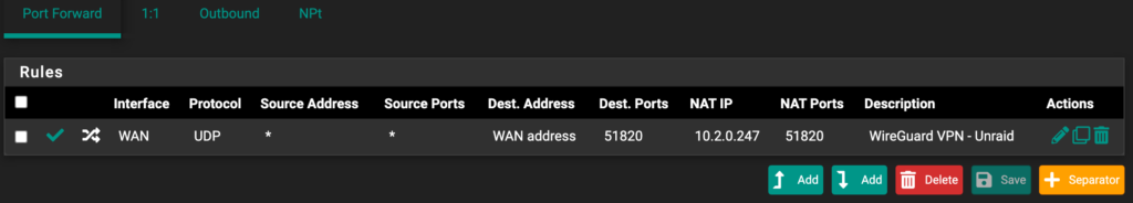 pfsense port forwarding rule for wireguard.