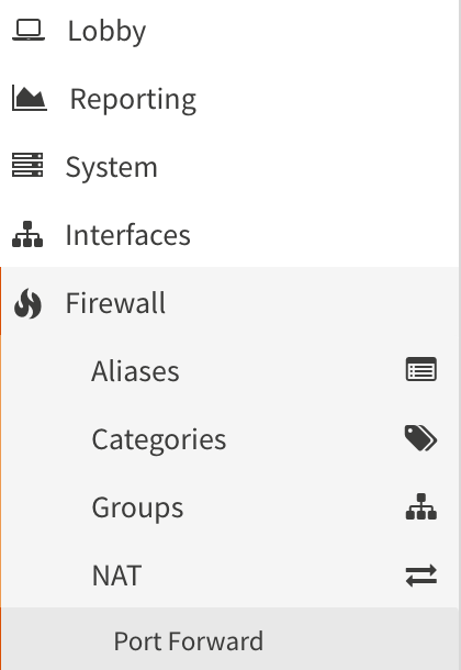 how to port forward in OPNsense - selecting the port forward tab under firewall.