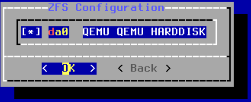 selecting the hard disk in opnsense.