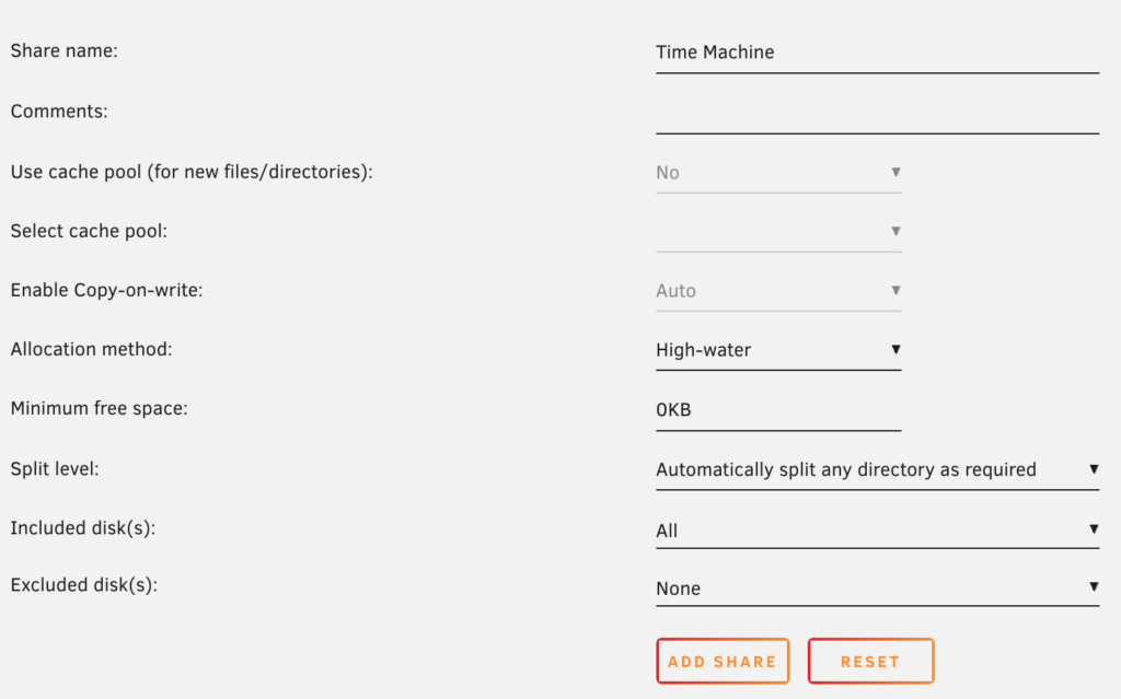 creating a new shared folder in unraid for time machine.