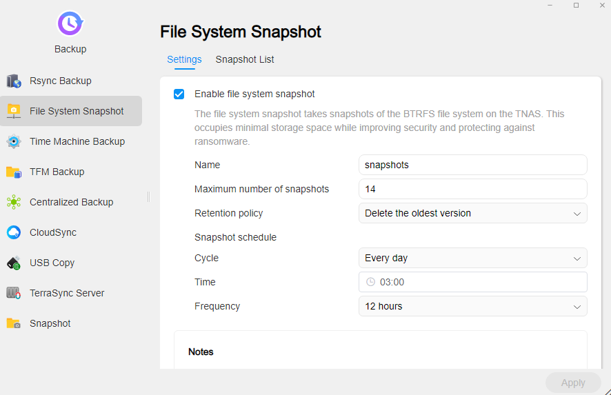 setting up file system snapshots in TOS.