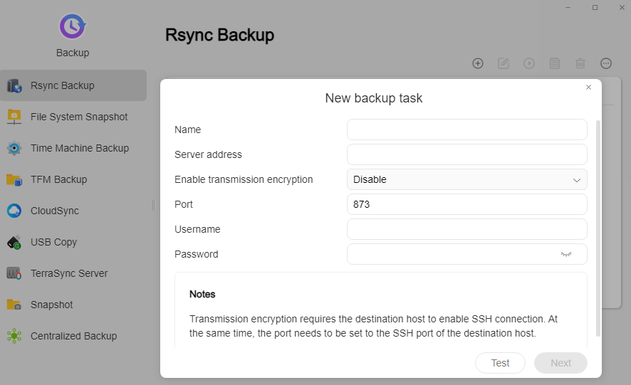 configuring Rsync backup tasks in TOS.