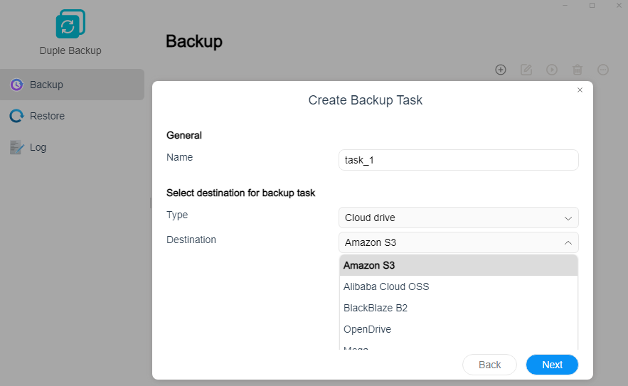 creating a backup task in TOS with Duple Backup.