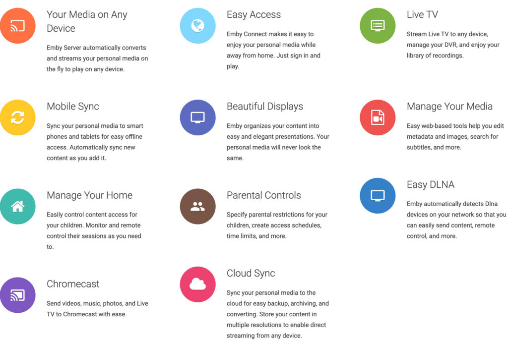 emby features like mobile sync, media management, live tv, and chromecast support.