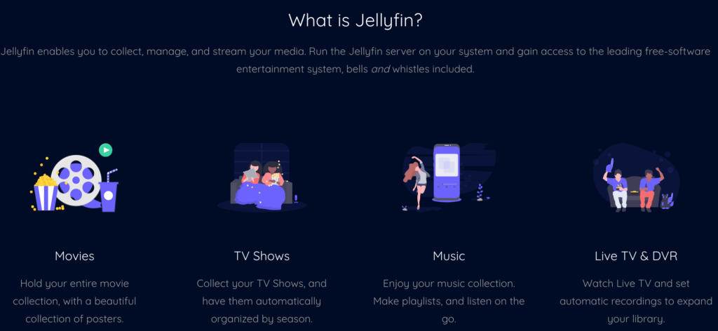jellyfin features like movies, tv shows, music and live tv & dvr.
