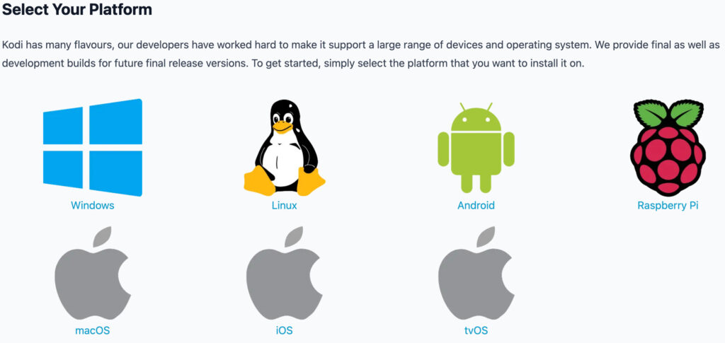 kodi platforms (windows, linux, android, raspberry pi, macos, ios, tvos).