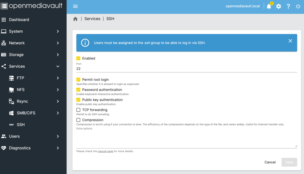 enabling ssh on openmediavault.