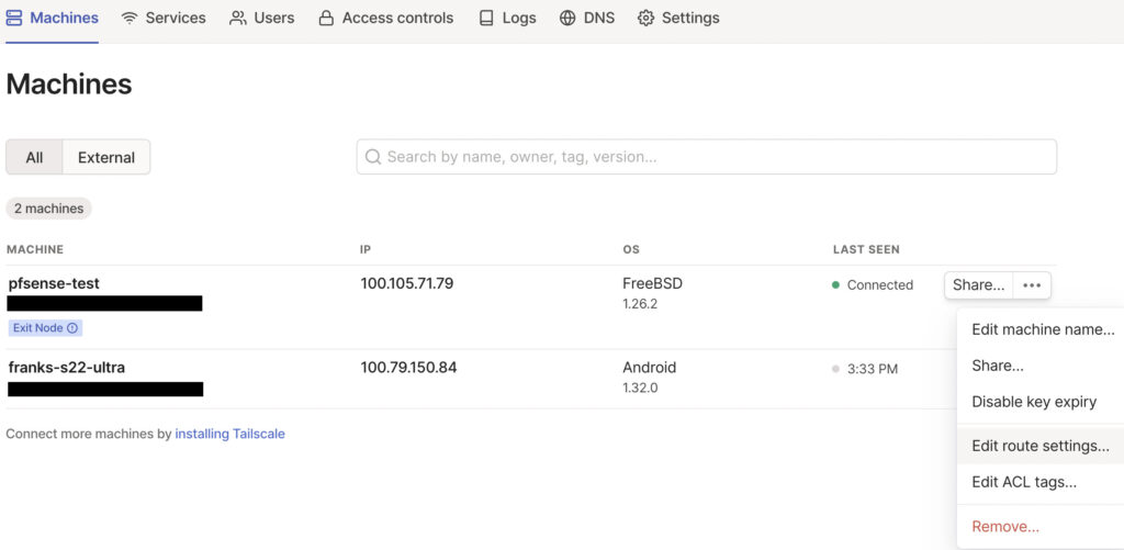 viewing the route settings on the tailscale webpage.