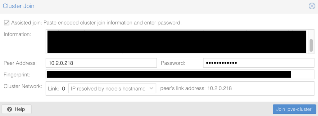 entering the peer IP and password into the cluster join page.