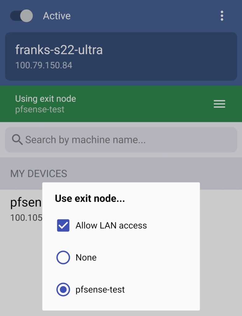 forcing the android tailscale app to use the exit node of pfsense.