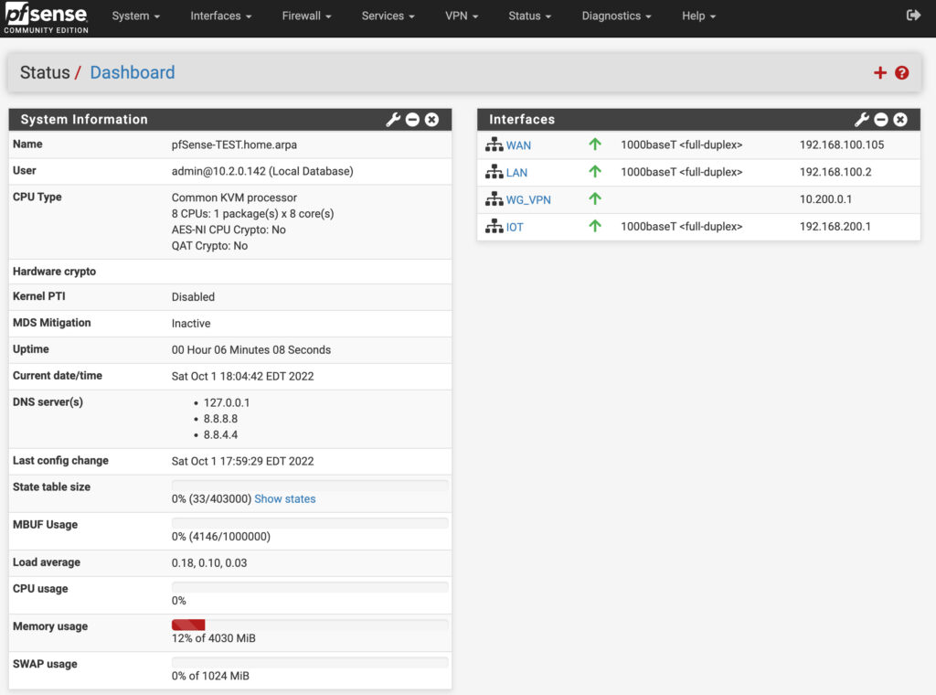 pfsense vs. opnsense - pfsense dashboard.