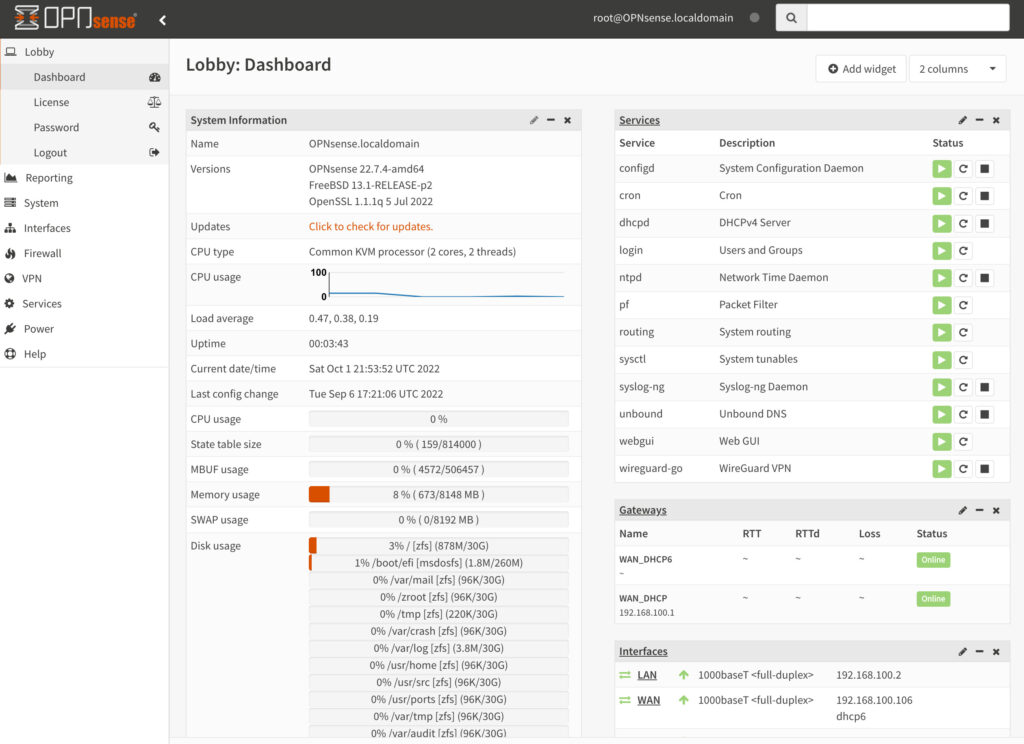 pfsense vs. opnsense - opnsense dashboard.