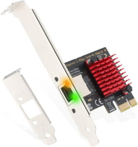 2.5GbE PCIe network adapter card with one RJ45 port, a red heatsink and a low-profile bracket