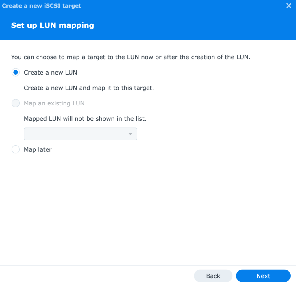 creating a new LUN in synology dsm.