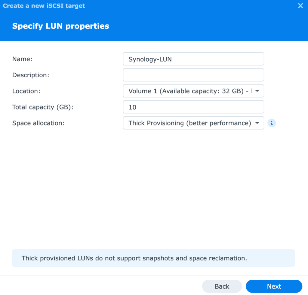 creating the new synology-lun on the volume 1 storage location.