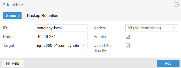 adding the id of the iscsi storage, ip address, and target into proxmox.