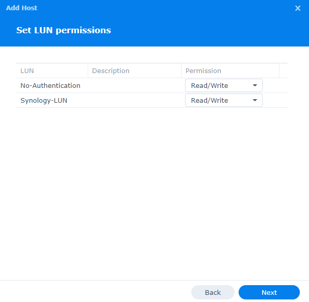 defining the permissions for the LUN's.