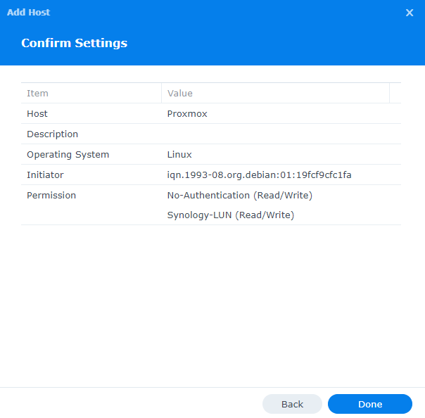 confirming the settings for the LUN and iscsi target.