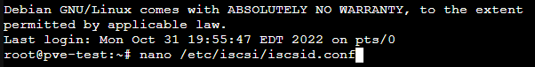 running the nano command to edit the iscsid configuration file.