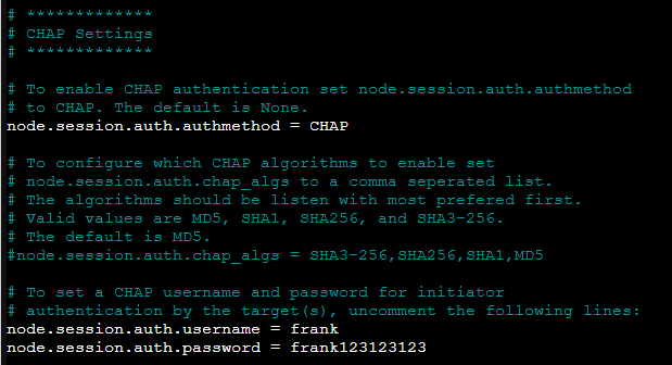 editing the CHAP authentication in the iscsi config file.