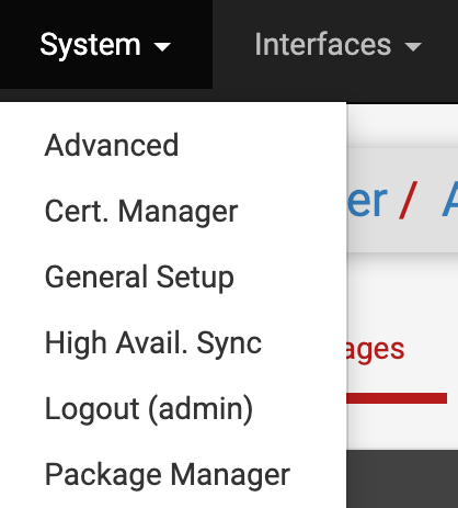opening the package manager in pfsense.