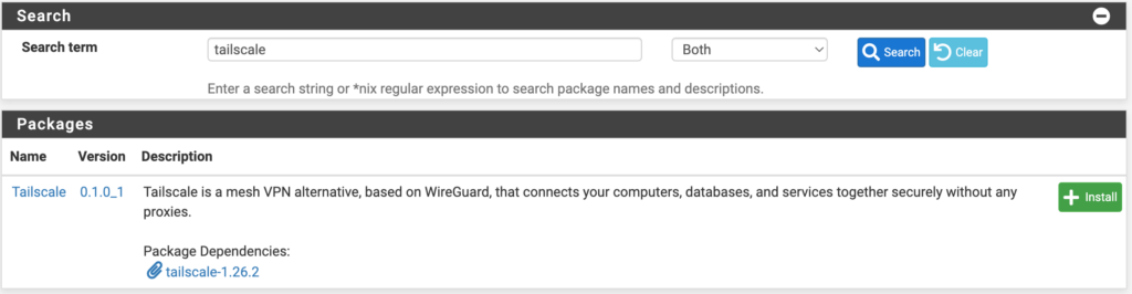 how to set up tailscale on pfsense - searching for and downloading the tailscale package.