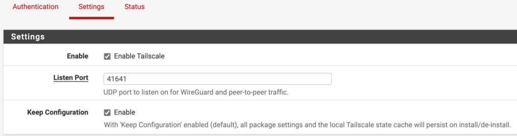 enabling the tailscale tunnel in pfsense.