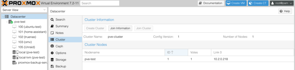 displaying the proxmox cluster.