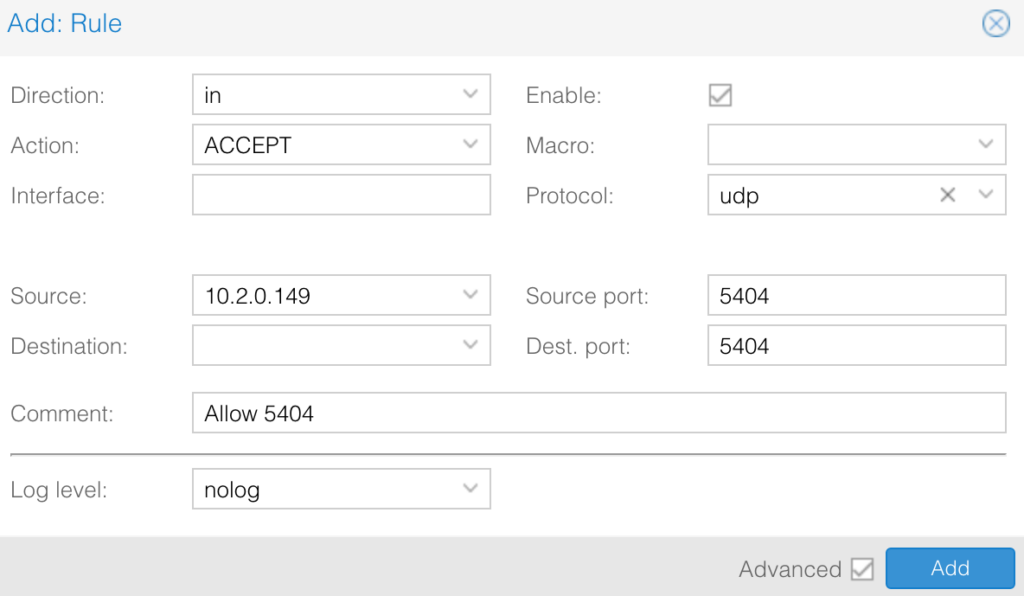 creating udp 5404 firewall rule in proxmox.