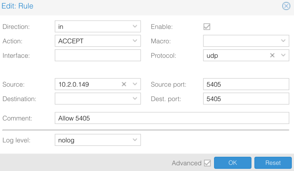 creating udp 5405 firewall rule in proxmox.